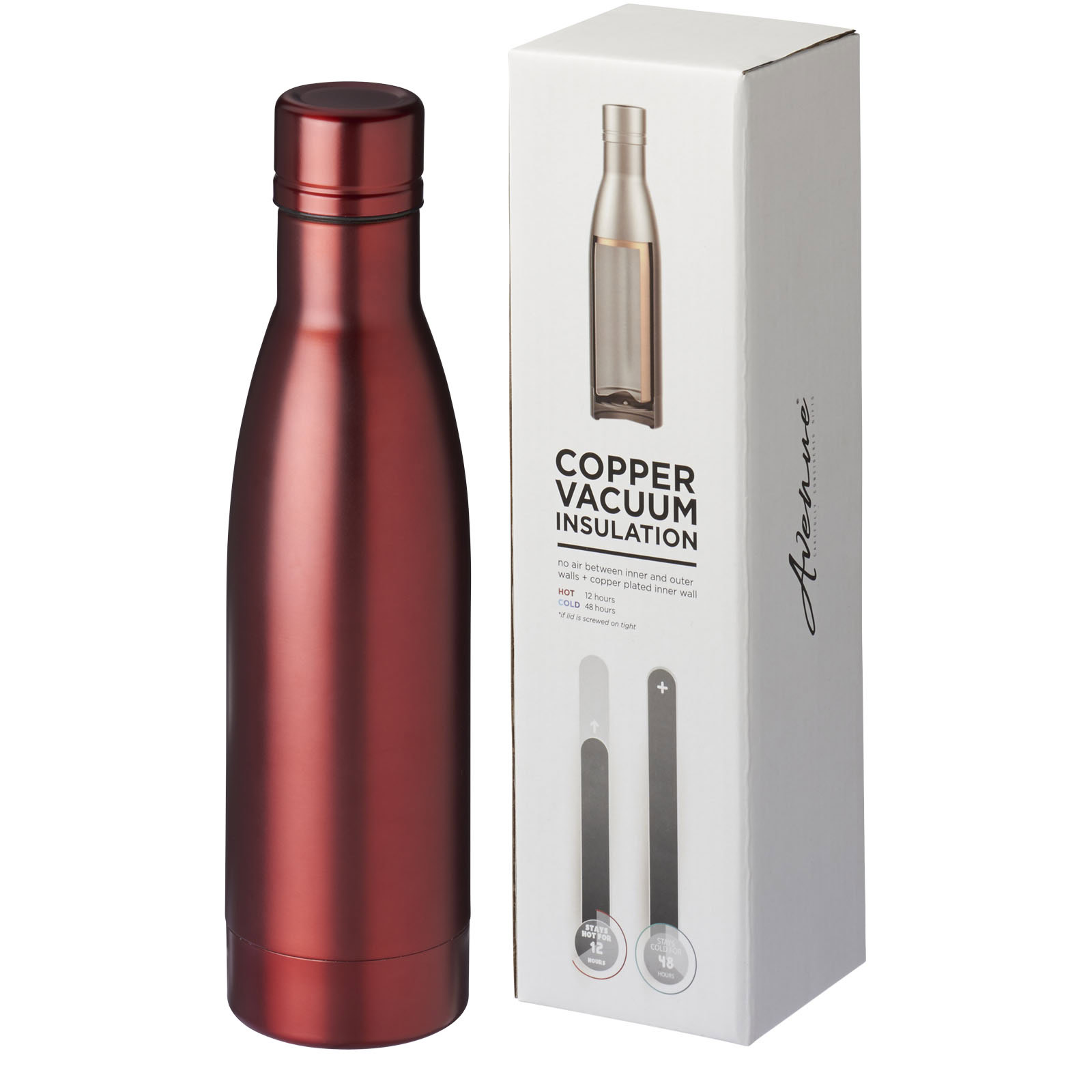 Kupfer-Vakuum Isolierflasche in rotem Design mit Verpackung.