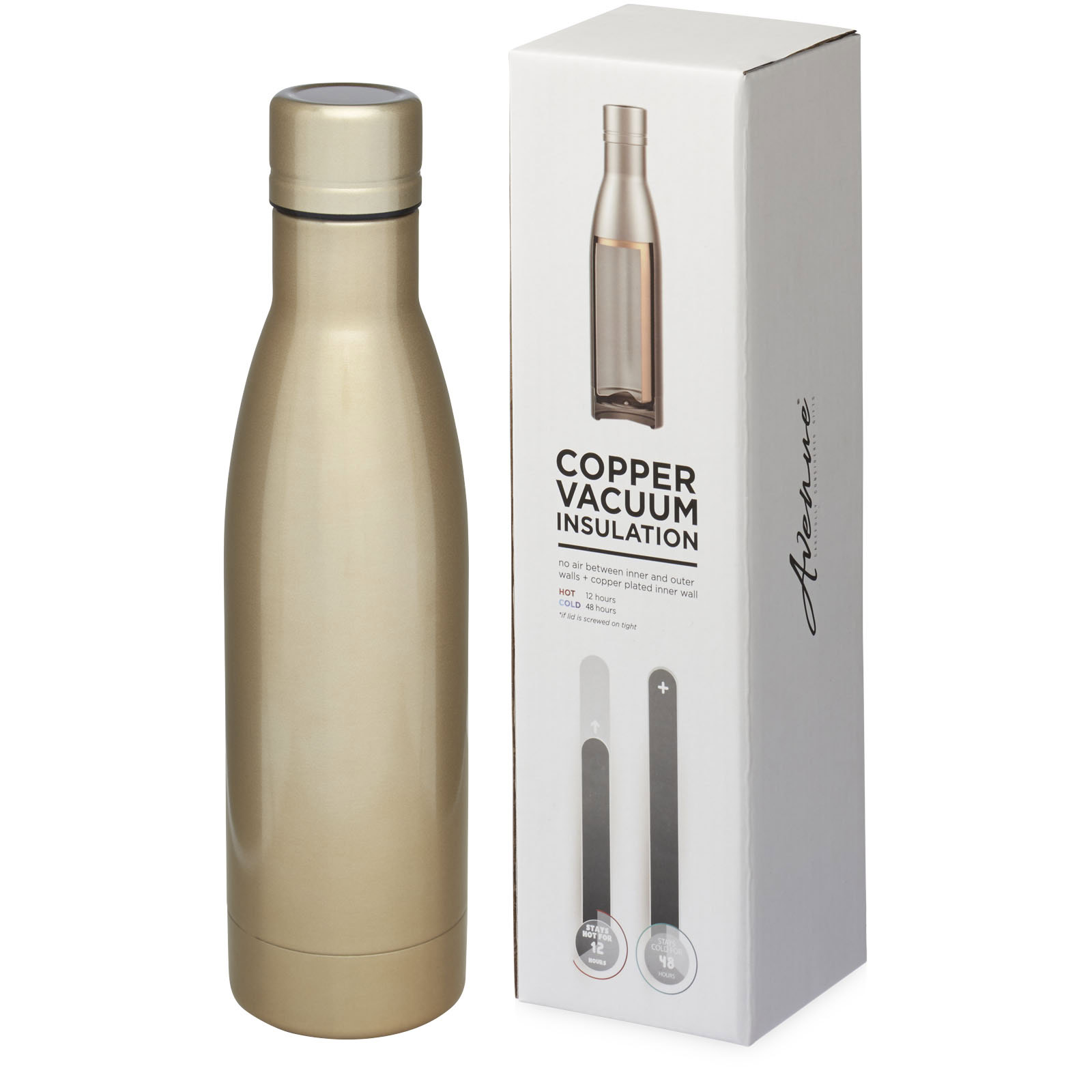 Kupfer-Vakuum Isolierflasche in Gold, 500 ml, mit Verpackung.