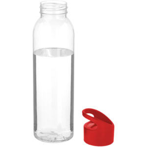 Transparente Trinkflasche mit rotem Deckel, ideal für Sport und unterwegs.