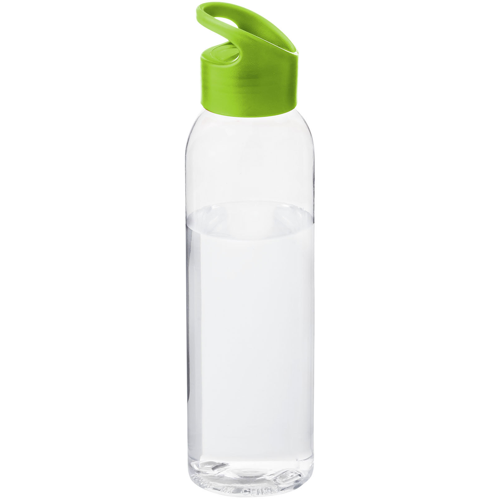 Trinkflasche mit grünem Deckel, transparent, 650 ml Kapazität.