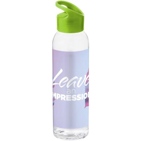 Trinkflasche mit grünem Deckel und Motiv, ideal für Sport und unterwegs.