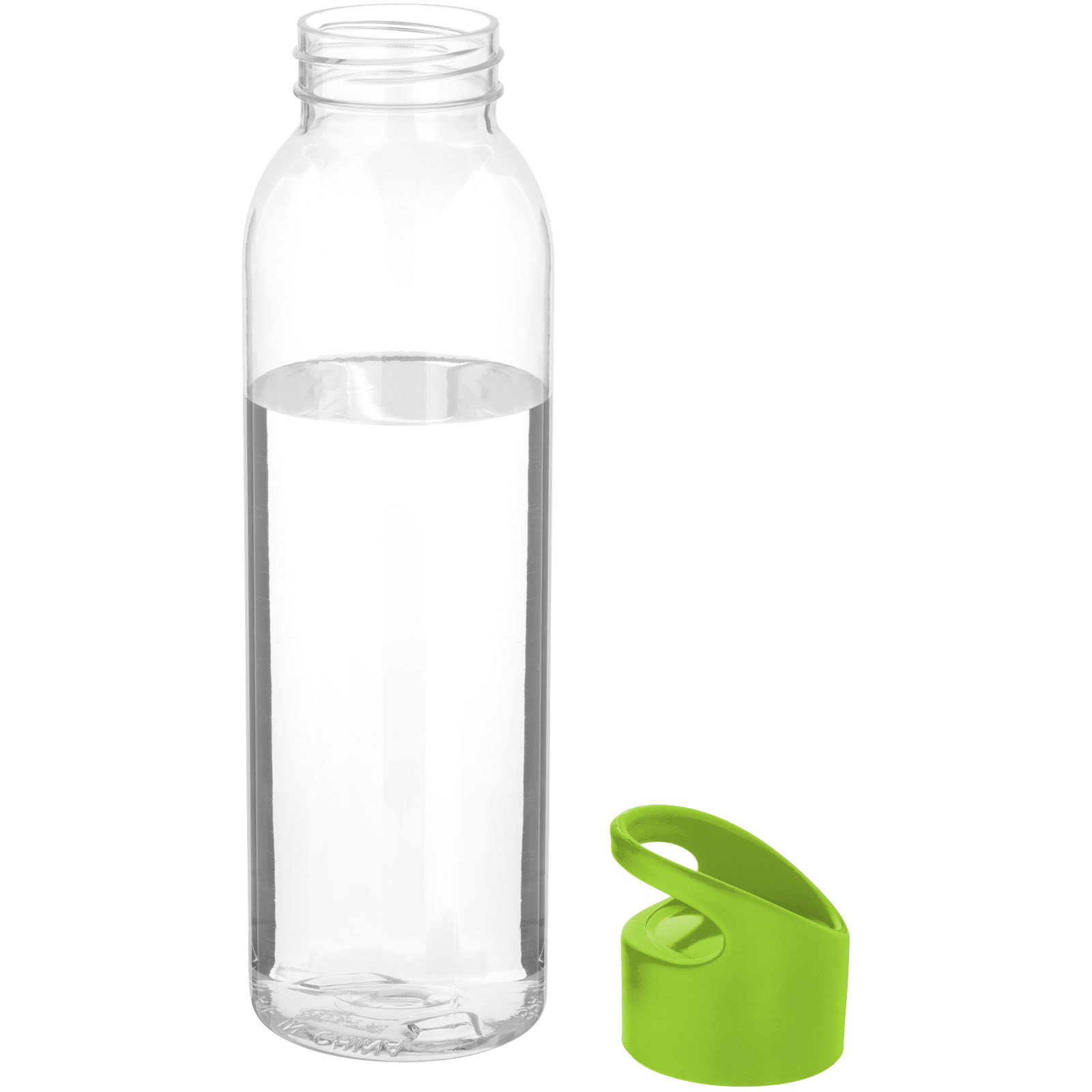 Transparente Sportflasche mit grünem Deckel, 650 ml, Tritan™ Material.