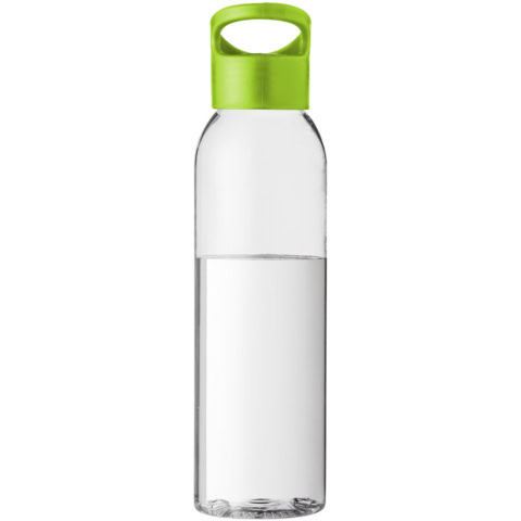 Transparente Trinkflasche mit grünem Deckel für Sport und unterwegs.