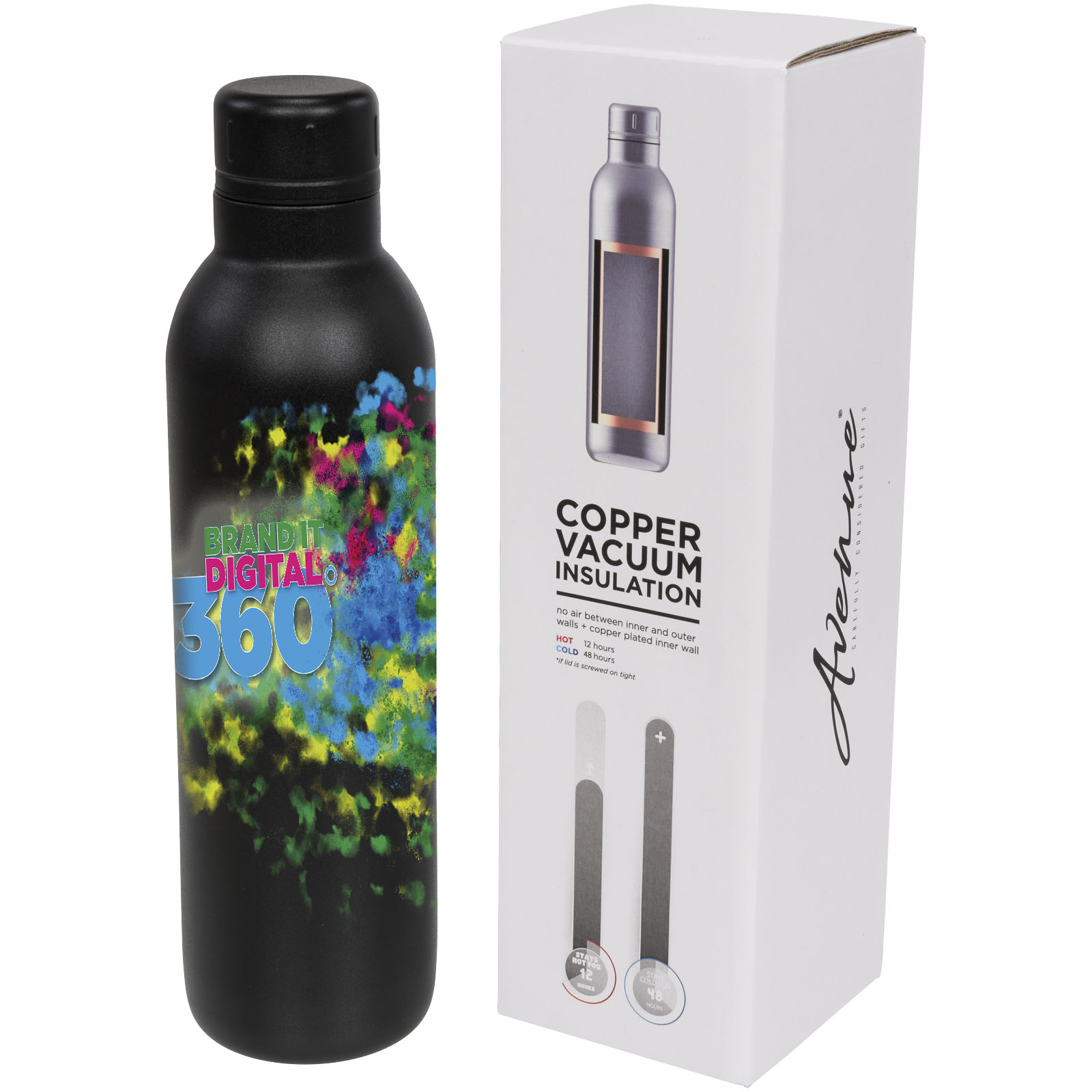 Schwarze Trinkflasche mit buntem Druck und Kupfer-Vakuum Isolierflasche in Verpackung.