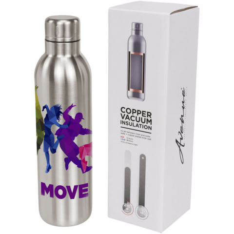 Stainless steel Trinkflasche mit Tanzmotiv und MOVE Schriftzug.