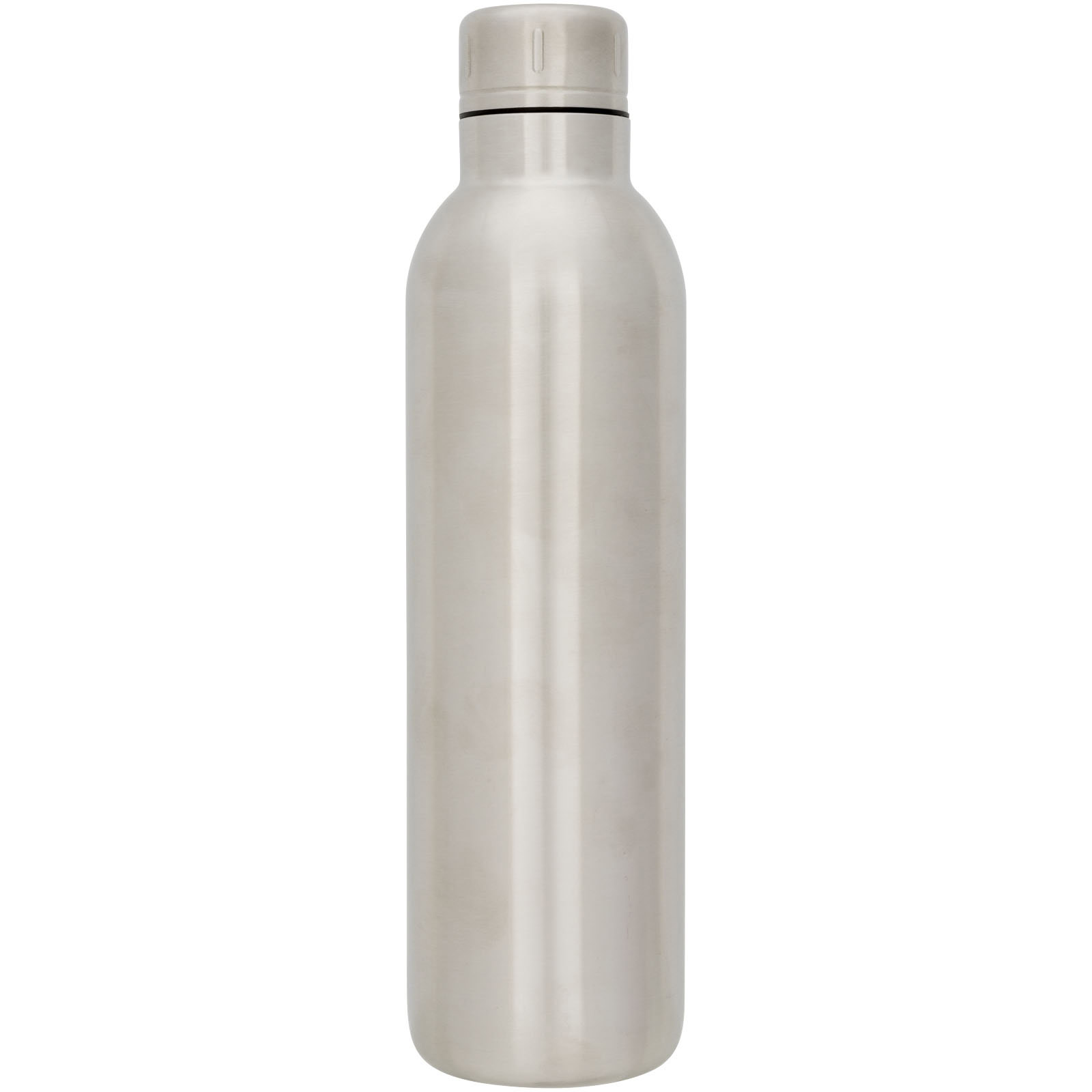Silberne Edelstahl-Trinkflasche mit Schraubverschluss.