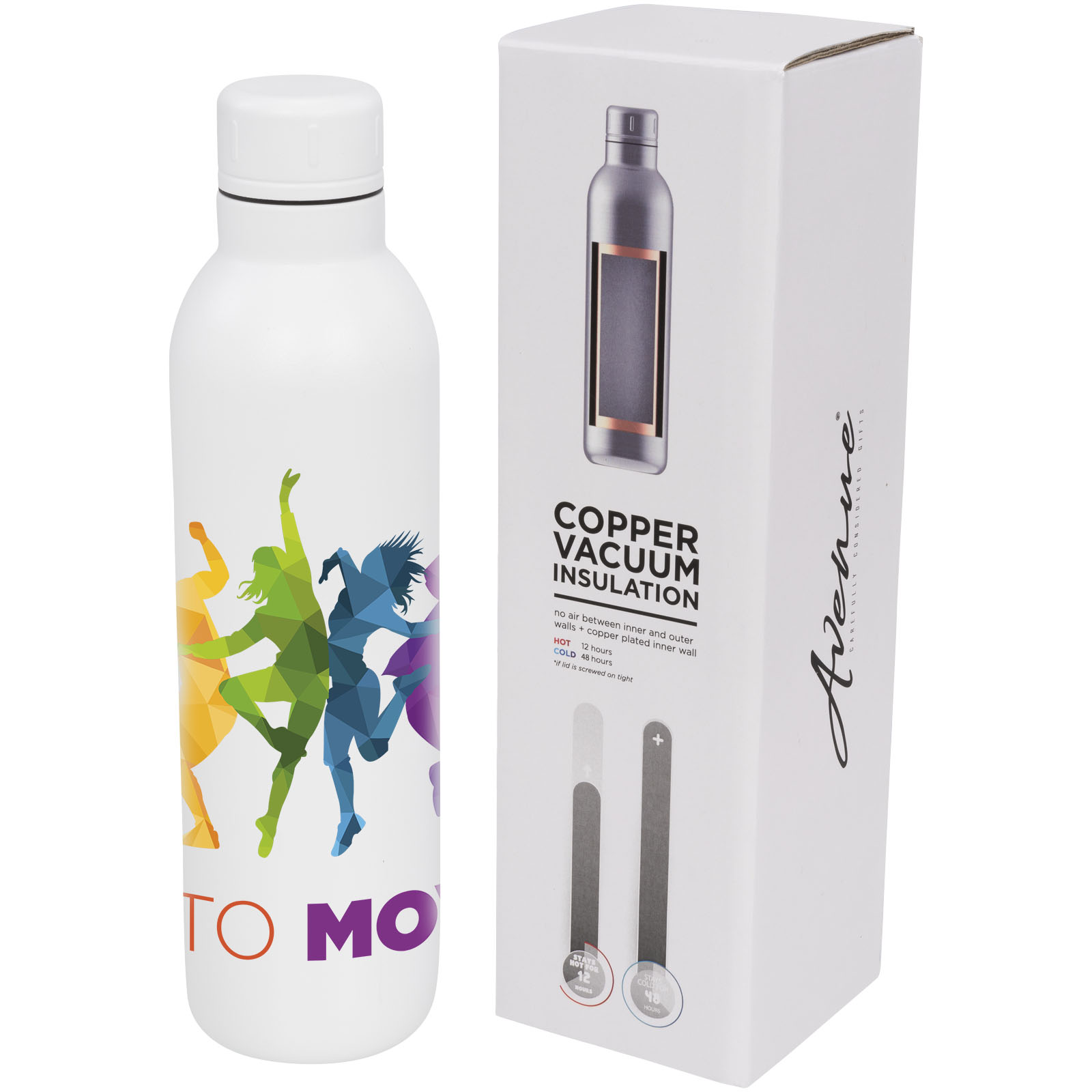 Weiße Isolierflasche mit buntem Dschungel-Design, ideal für unterwegs.