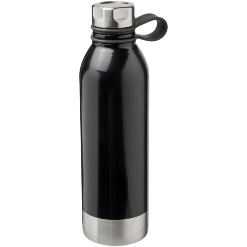 Schwarze Edelstahl Trinkflasche mit silbernem Deckel und Griff.