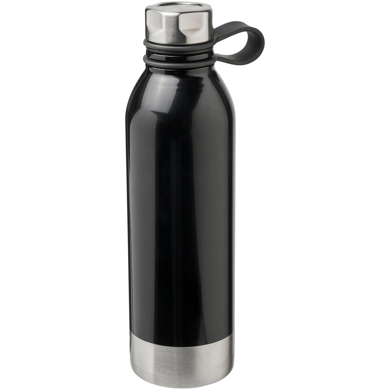 Schwarze Edelstahl Trinkflasche mit silbernem Deckel und Griff.