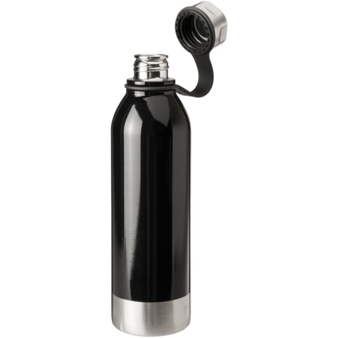 Schwarze Edelstahl Sportflasche mit Schraubverschluss und Tragegriff.