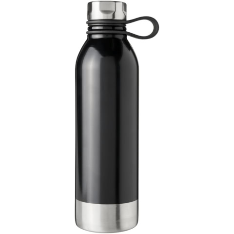 Schwarze Edelstahl Trinkflasche mit silbernem Deckel und Griff.