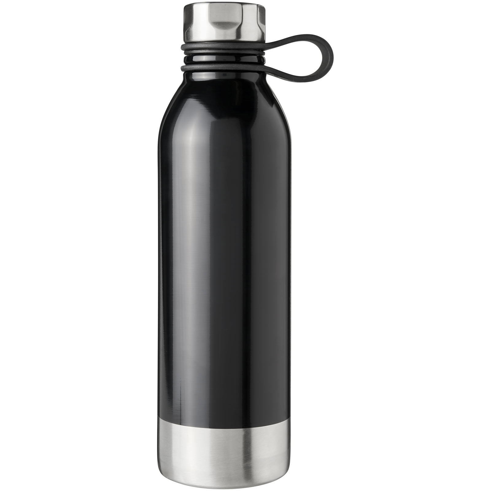 Schwarze Edelstahl Trinkflasche mit silbernem Deckel und Griff.