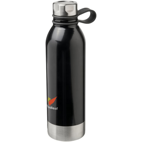 Schwarze Edelstahl Trinkflasche mit Edelstahlverschluss und Trageöse.