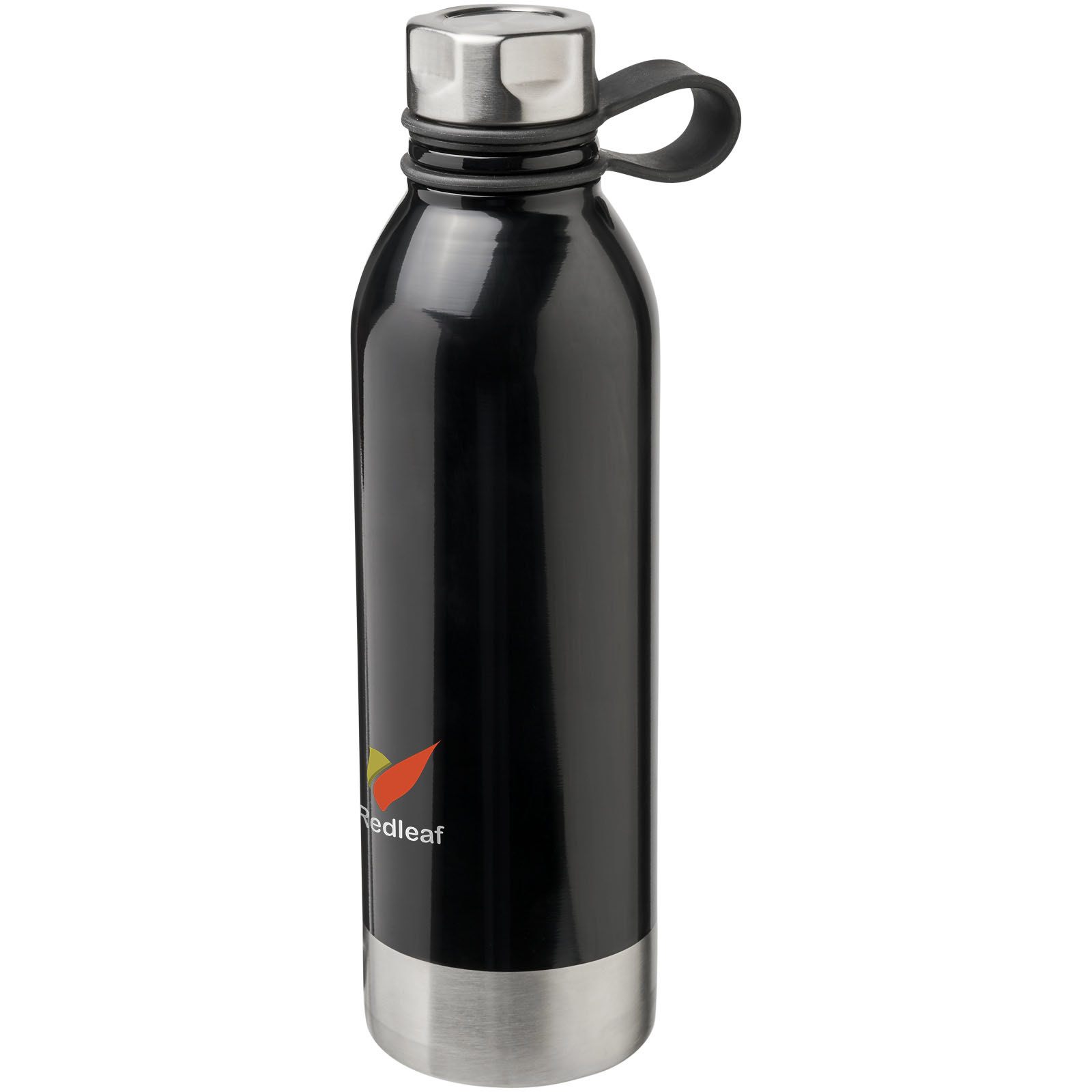 Schwarze Edelstahl Trinkflasche mit Edelstahlverschluss und Trageöse.