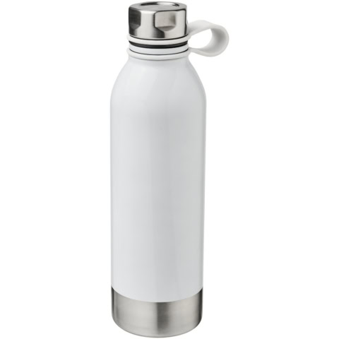 Weiße Edelstahl Trinkflasche mit silbernem Deckel und Griff.