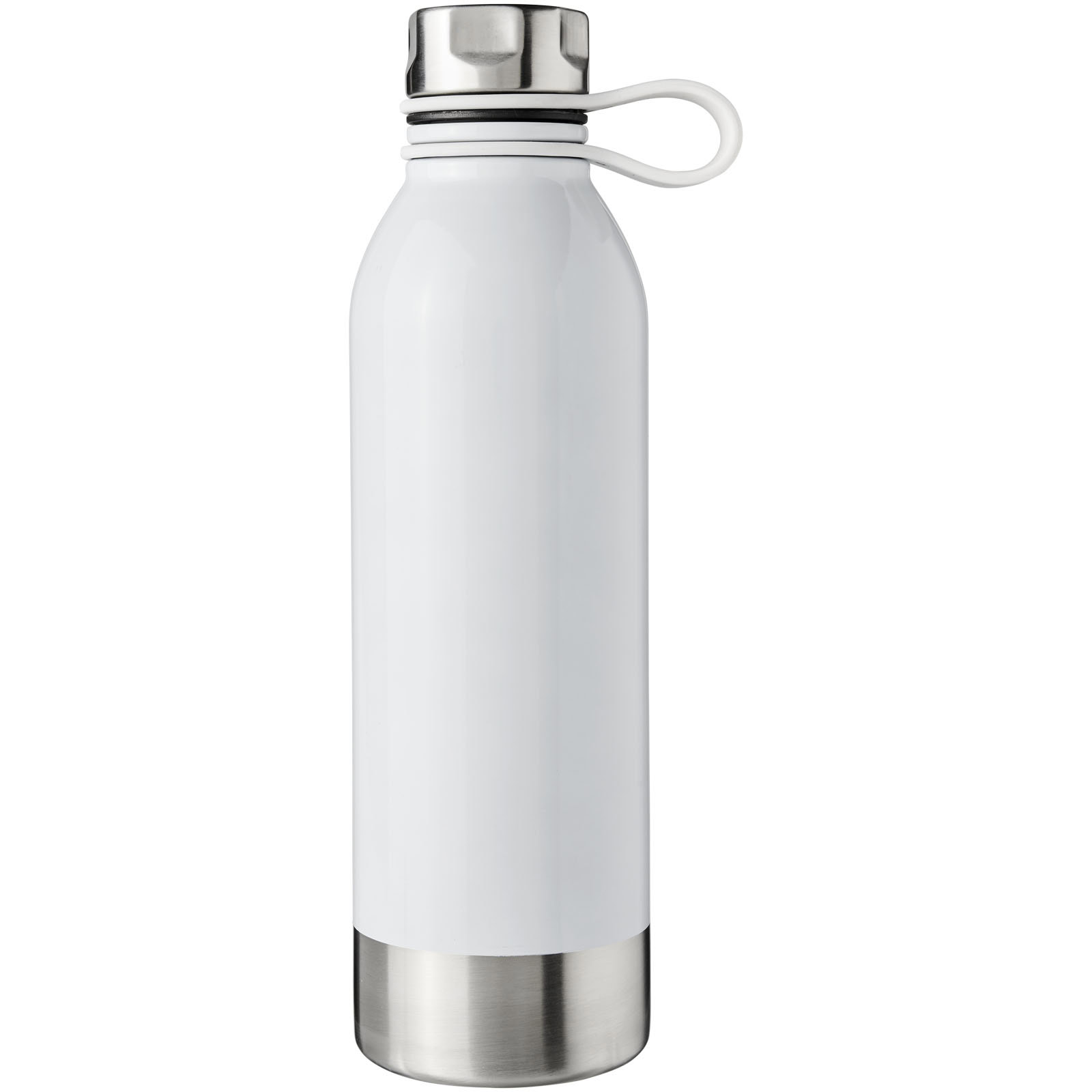 Weiße Edelstahl Trinkflasche mit Schraubverschluss und Griff.