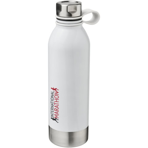 Weiße Edelstahl Trinkflasche mit Logo für Sport und Freizeit.