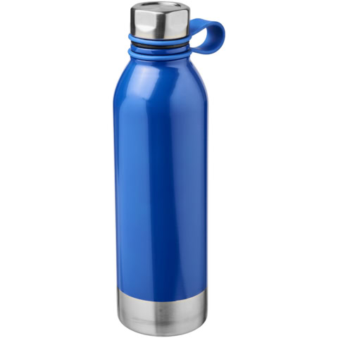 Blaue Edelstahl Sportflasche mit Edelstahlverschluss und Trageöse.