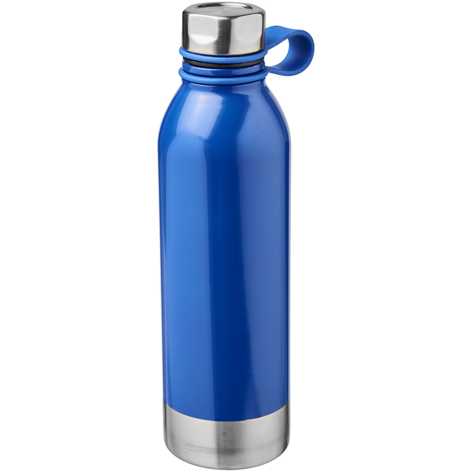 Blaue Edelstahl Sportflasche mit Edelstahlverschluss und Trageöse.