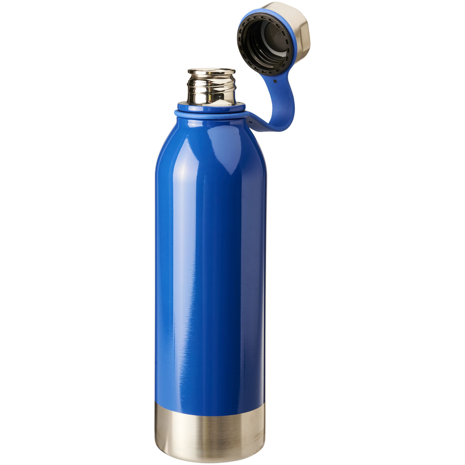 Blaue Edelstahl Sportflasche mit abnehmbarem Deckel.