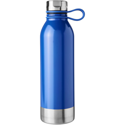 Blaue Edelstahl Trinkflasche mit silbernem Deckel und Griff.