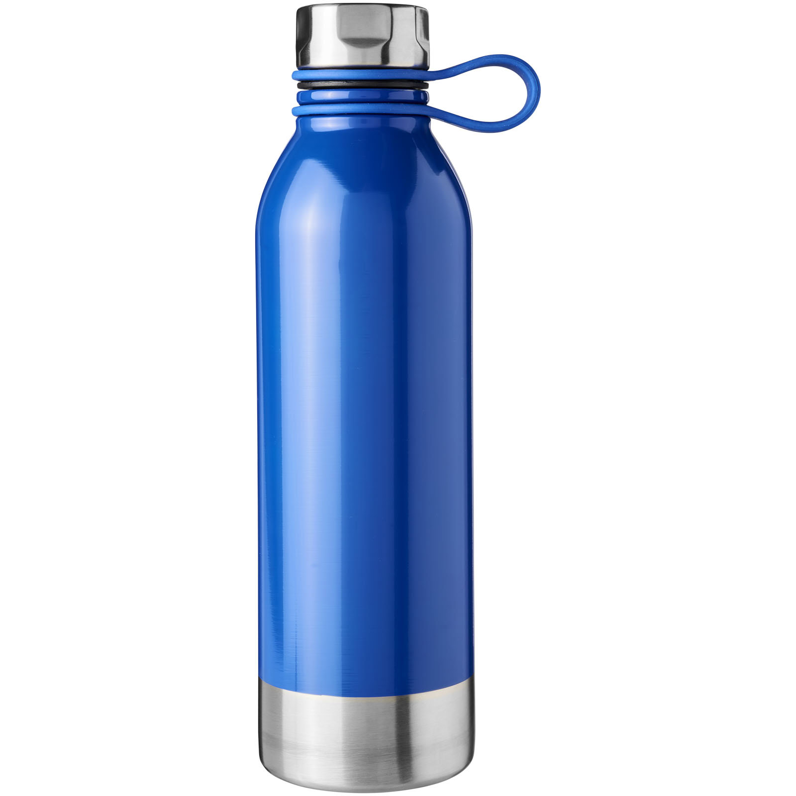 Blaue Edelstahl Trinkflasche mit silbernem Deckel und Griff.