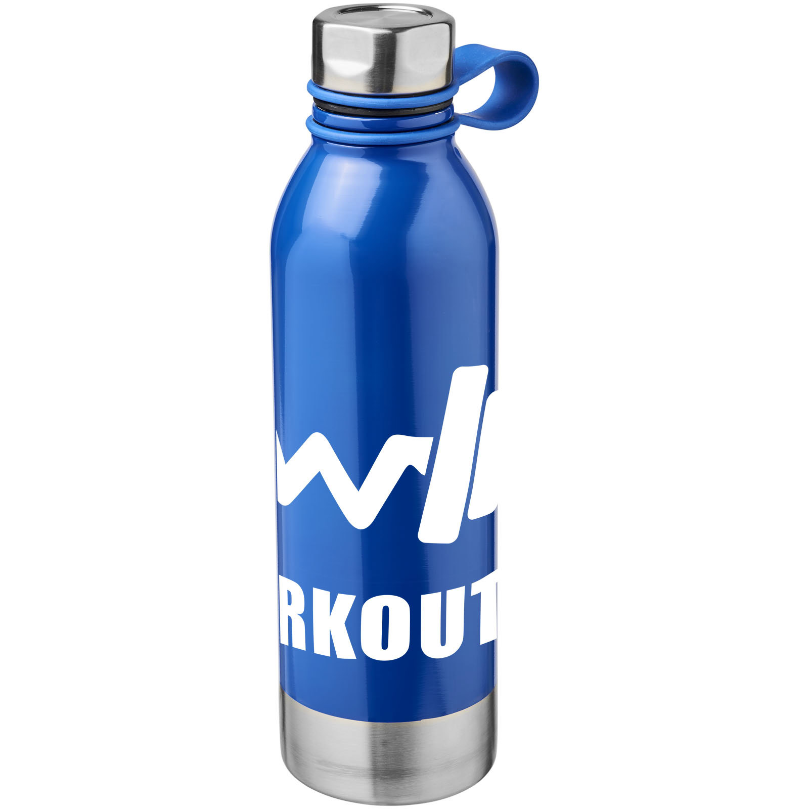 Blaue Edelstahl Trinkflasche mit Logo und Edelstahlverschluss.