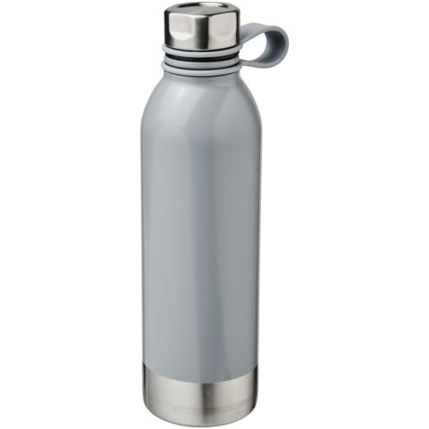 Grau Edelstahl Trinkflasche mit Schraubverschluss und Griff.