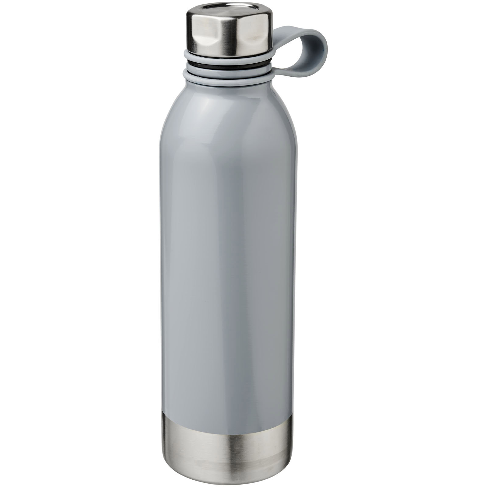 Grau Edelstahl Trinkflasche mit Schraubverschluss und Griff.