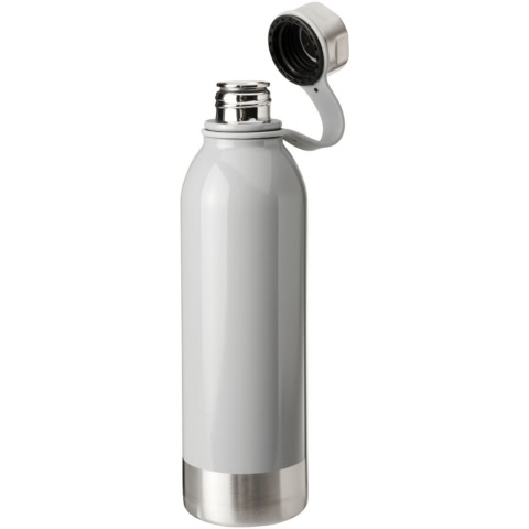 Graue Edelstahl Sportflasche mit aufgeschraubtem Deckel.