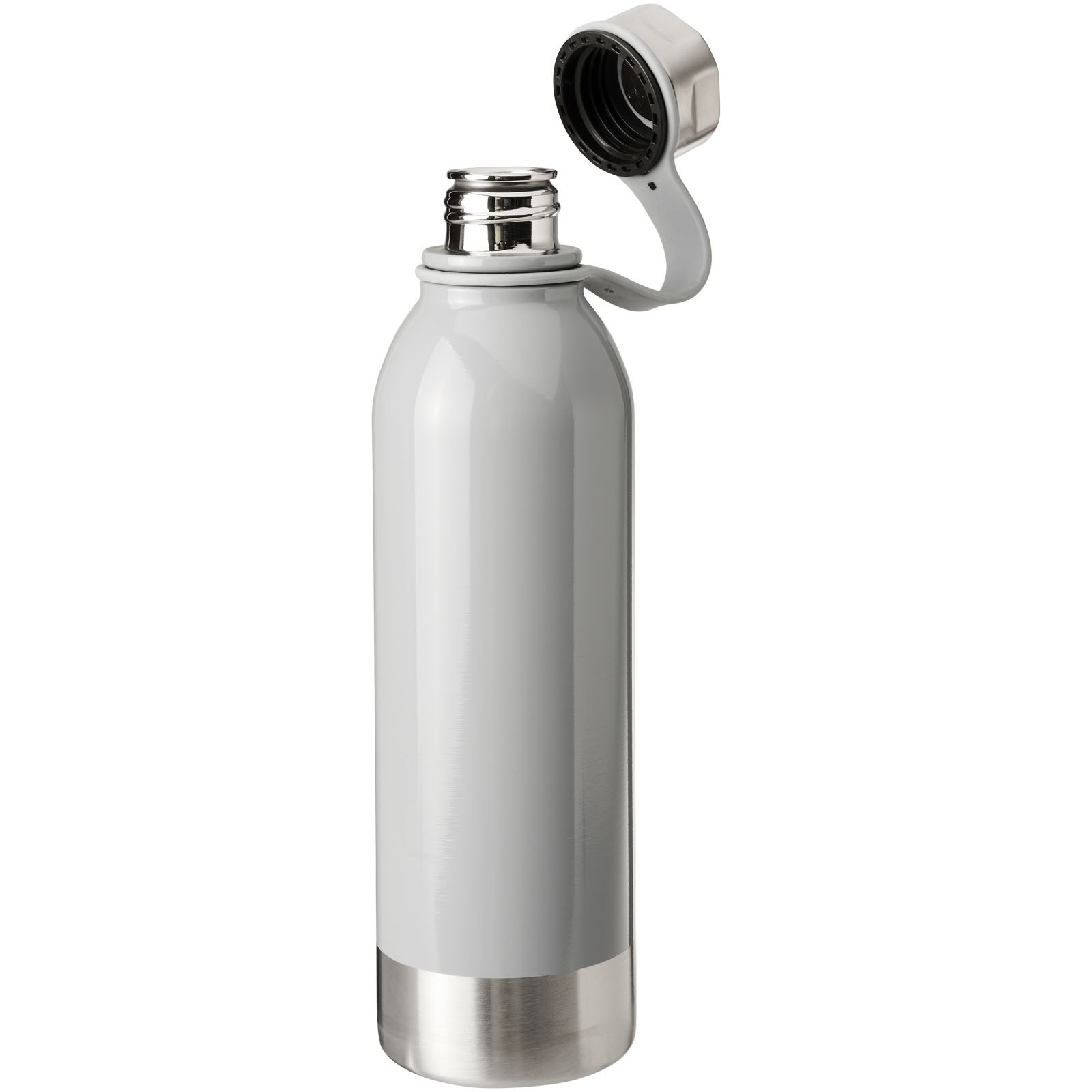 Graue Edelstahl Sportflasche mit aufgeschraubtem Deckel.