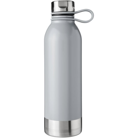 Grau Edelstahl Trinkflasche mit Schraubverschluss und Griff.