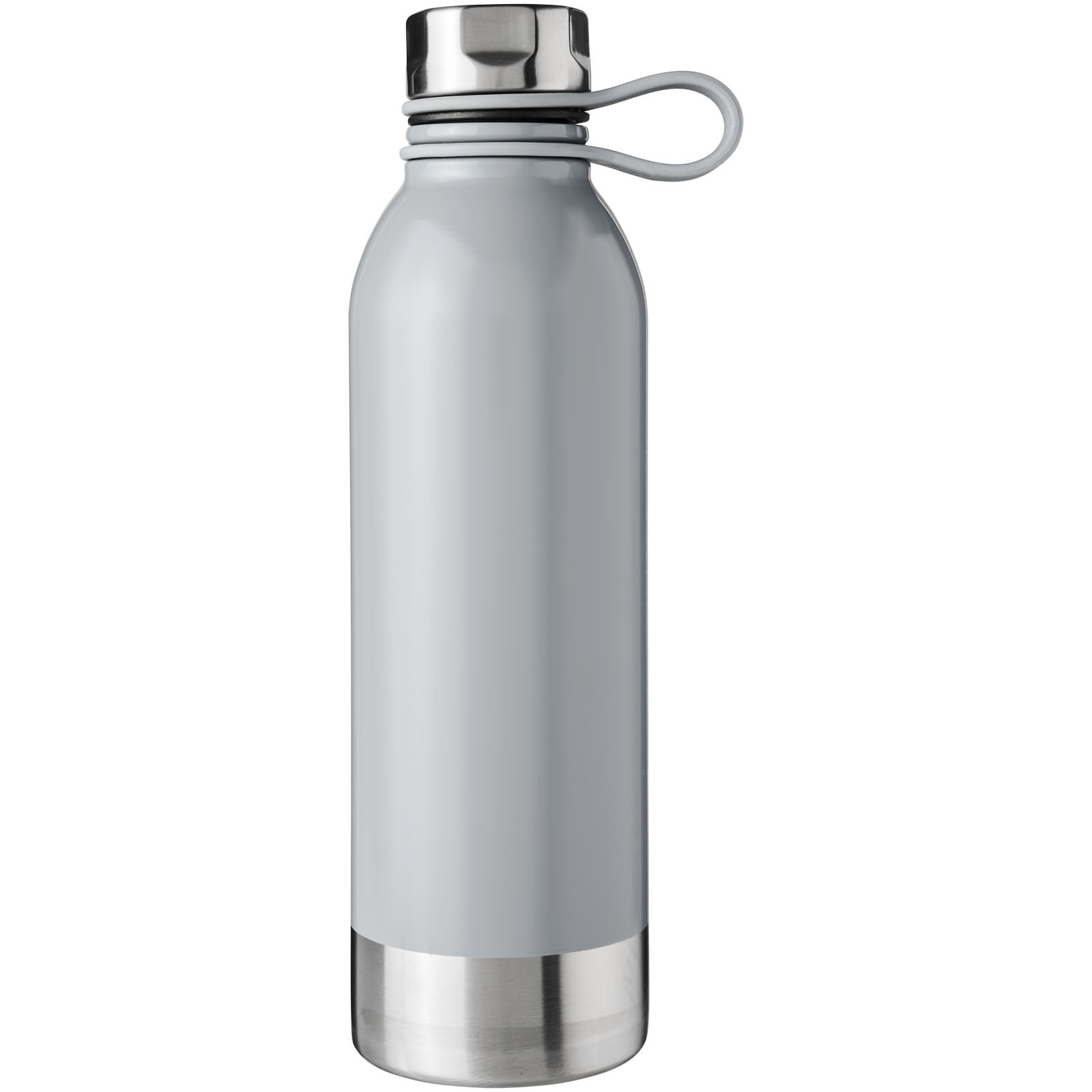 Grau Edelstahl Trinkflasche mit Schraubverschluss und Griff.