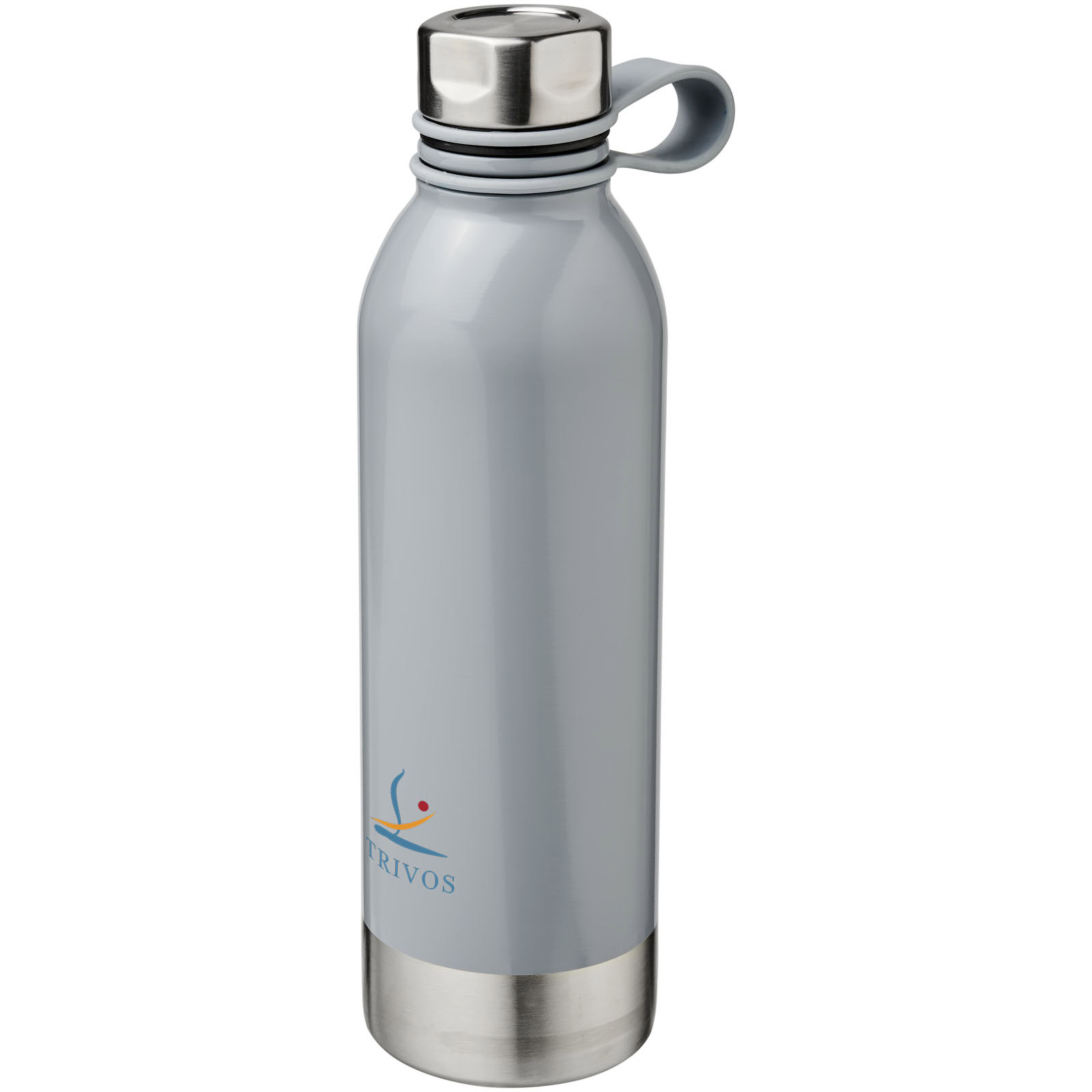 Grau Edelstahl Sportflasche mit Trivios Logo, 740 ml Fassungsvermögen.