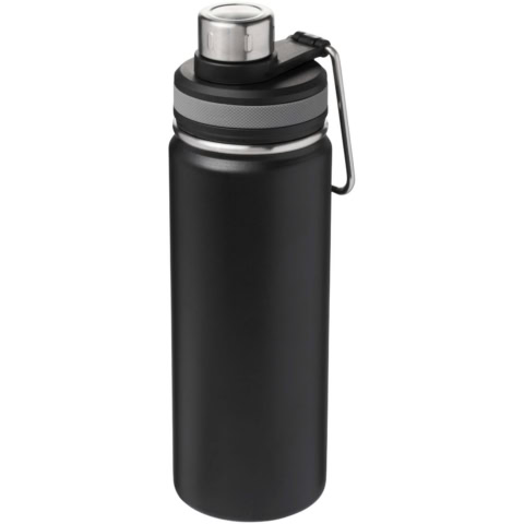 Schwarze Vakuumflasche mit Edelstahlverschluss und Tragegriff.
