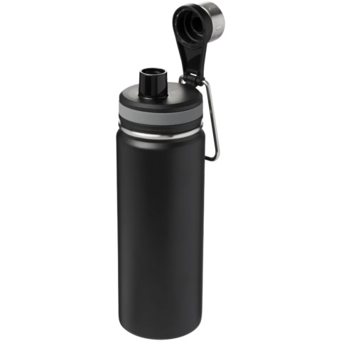 Schwarze Vakuumflasche mit Deckel und Trageclip, 590 ml Kapazität.