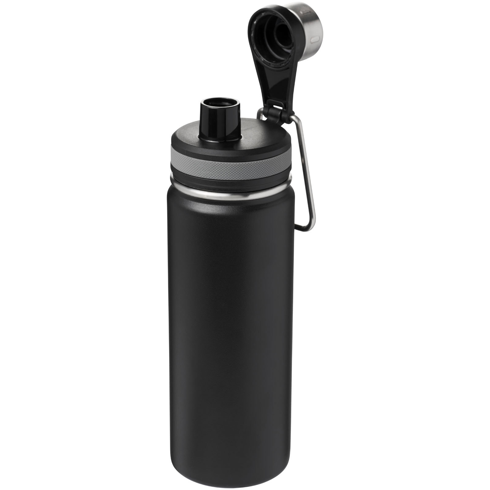 Schwarze Vakuumflasche mit Deckel und Trageclip, 590 ml Kapazität.