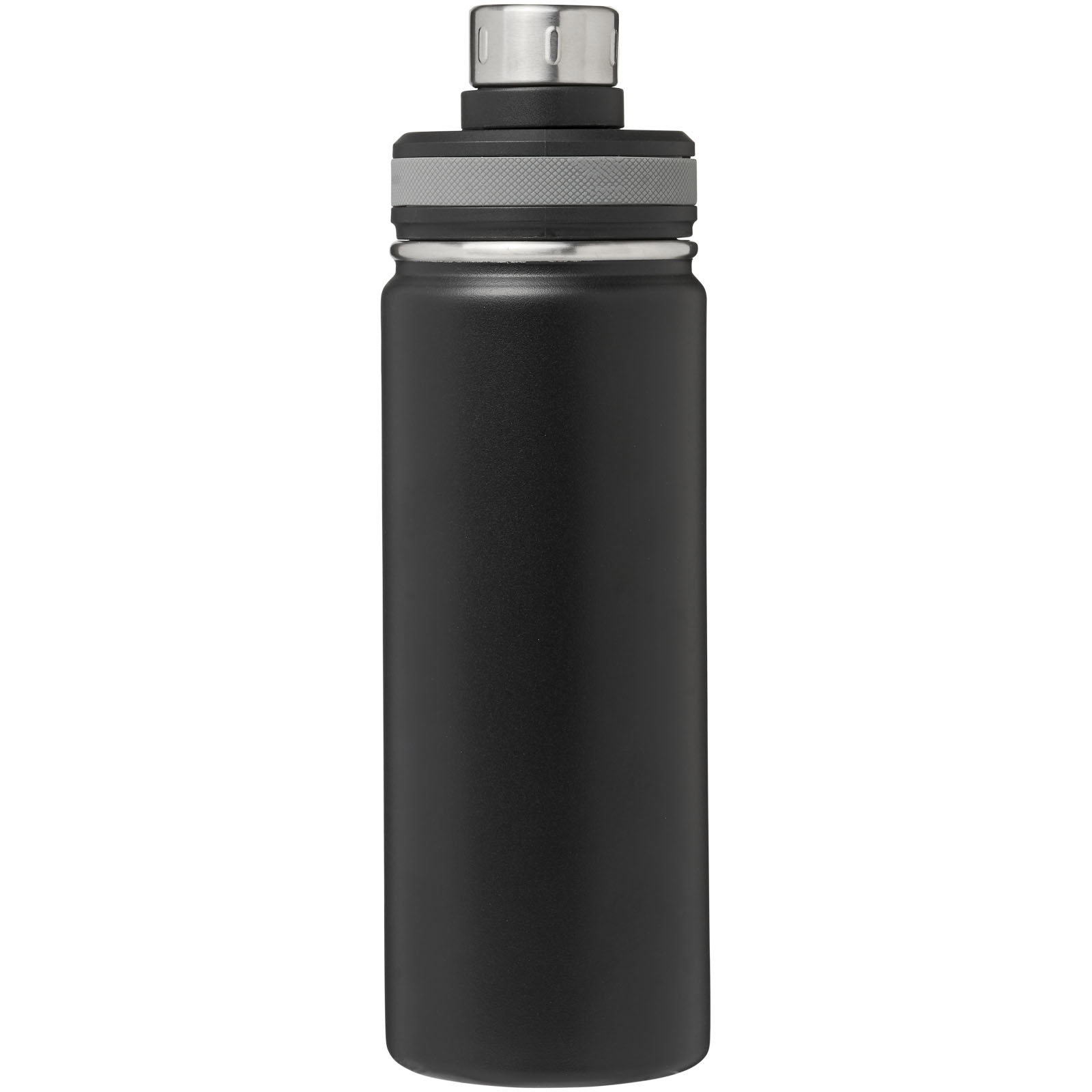 Schwarze Edelstahl-Trinkflasche mit Schraubverschluss.