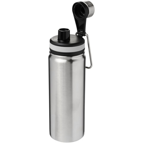 Stainless steel Trinkflasche mit Deckel und Trageclip für unterwegs.