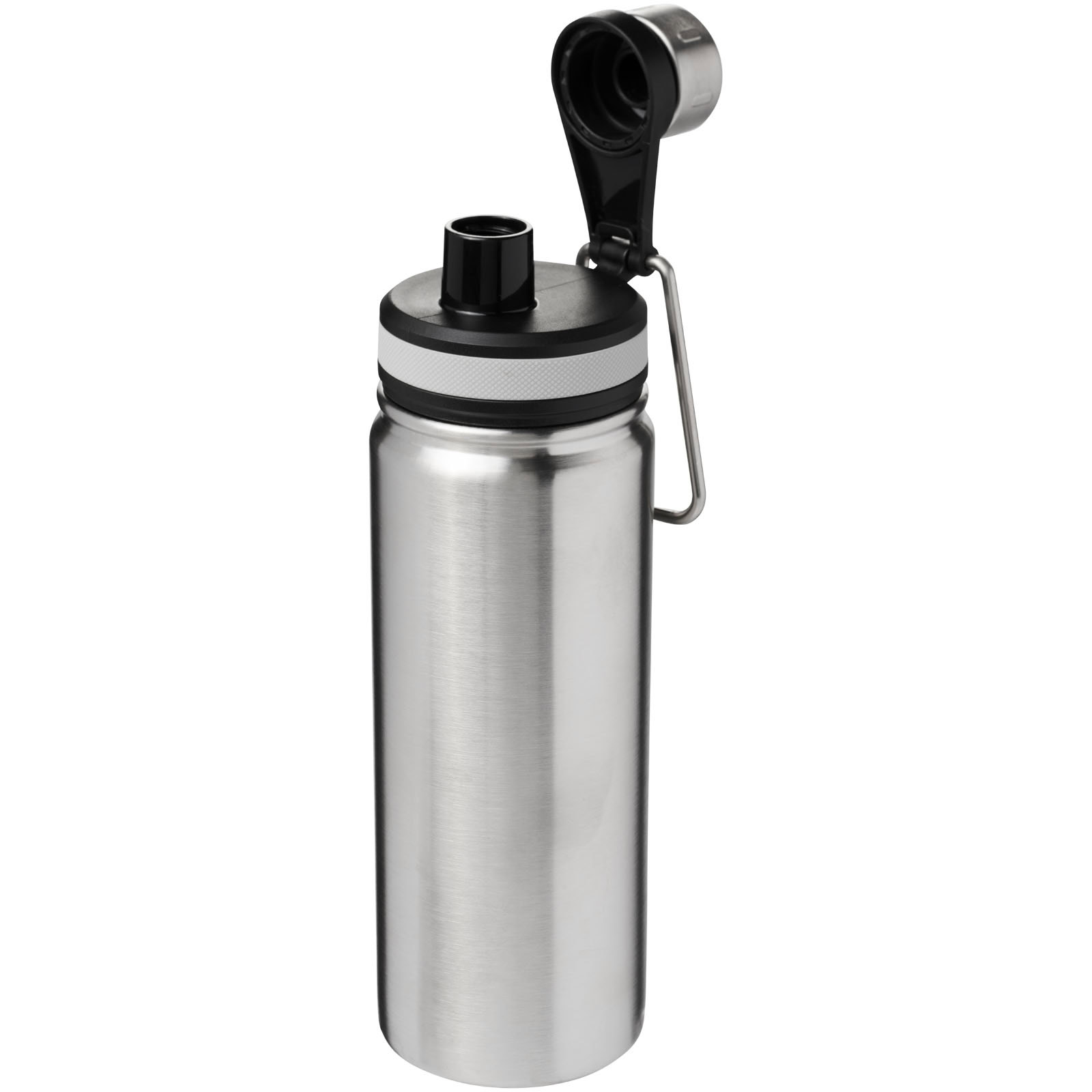 Stainless steel Trinkflasche mit Deckel und Trageclip für unterwegs.