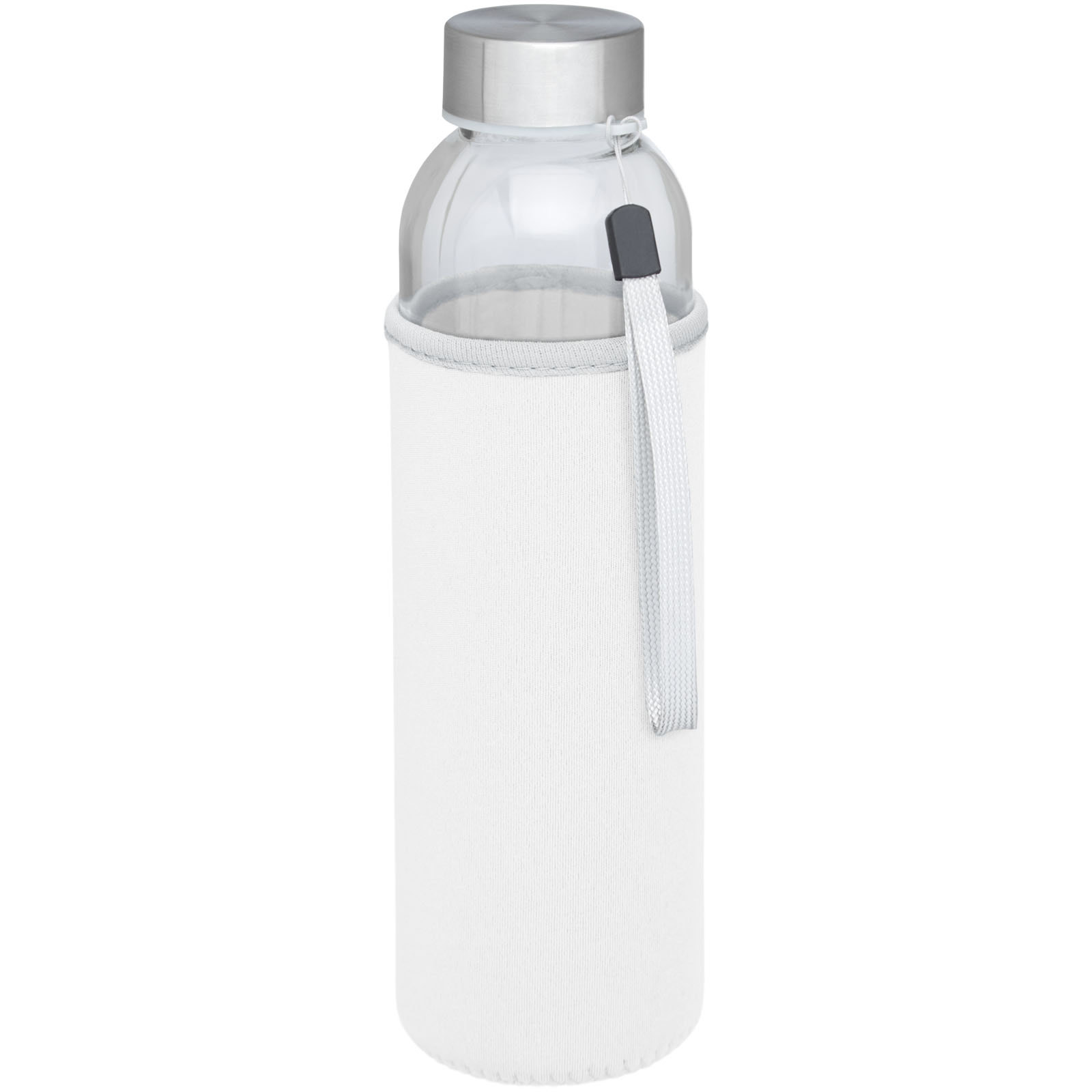Weiße Glas-Sportflasche mit Silikonschutz und Edelstahlverschluss.