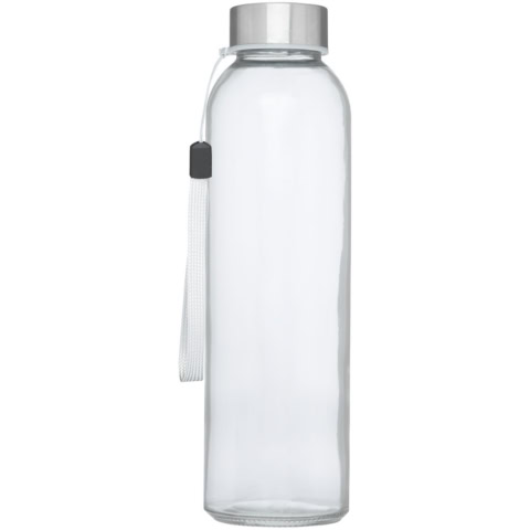 Transparente Glas-Sportflasche mit silbernem Deckel und Trageschlaufe.