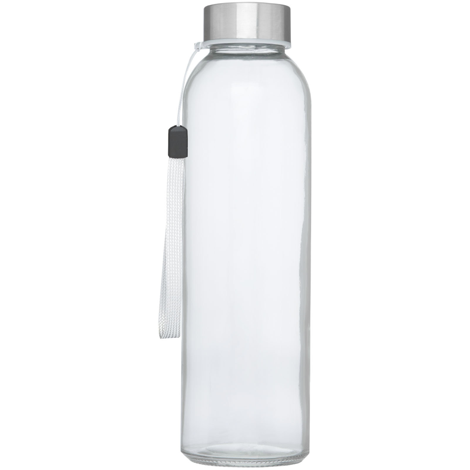 Transparente Glas-Sportflasche mit silbernem Deckel und Trageschlaufe.