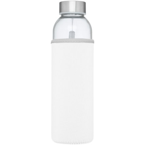Transparente Glas-Sportflasche mit weißem Neoprenhülle und silbernem Deckel.