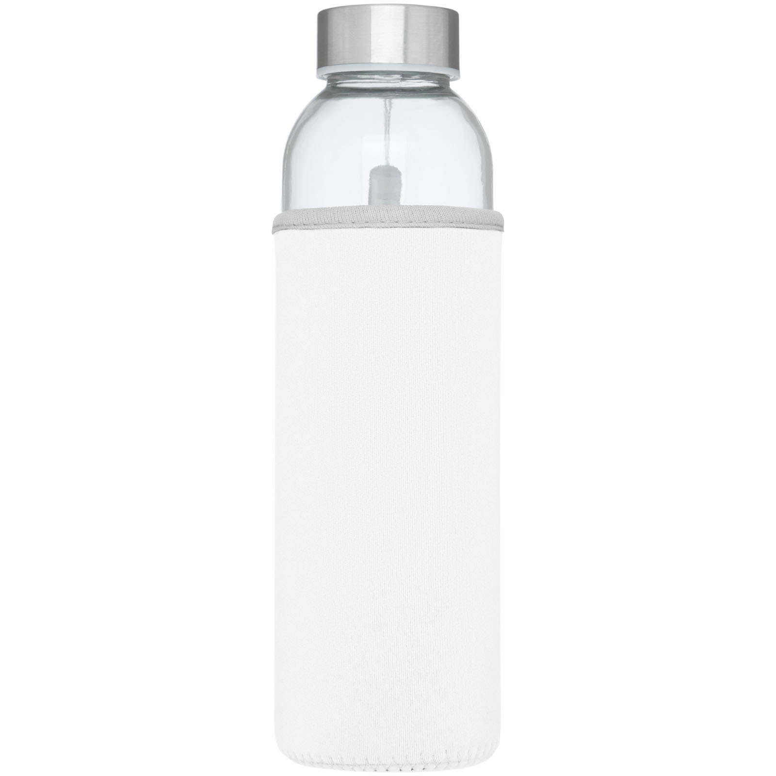 Transparente Glas-Sportflasche mit weißem Neoprenhülle und silbernem Deckel.