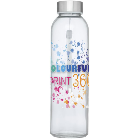 Transparente Glas-Sportflasche mit buntem Druck und Schraubverschluss.