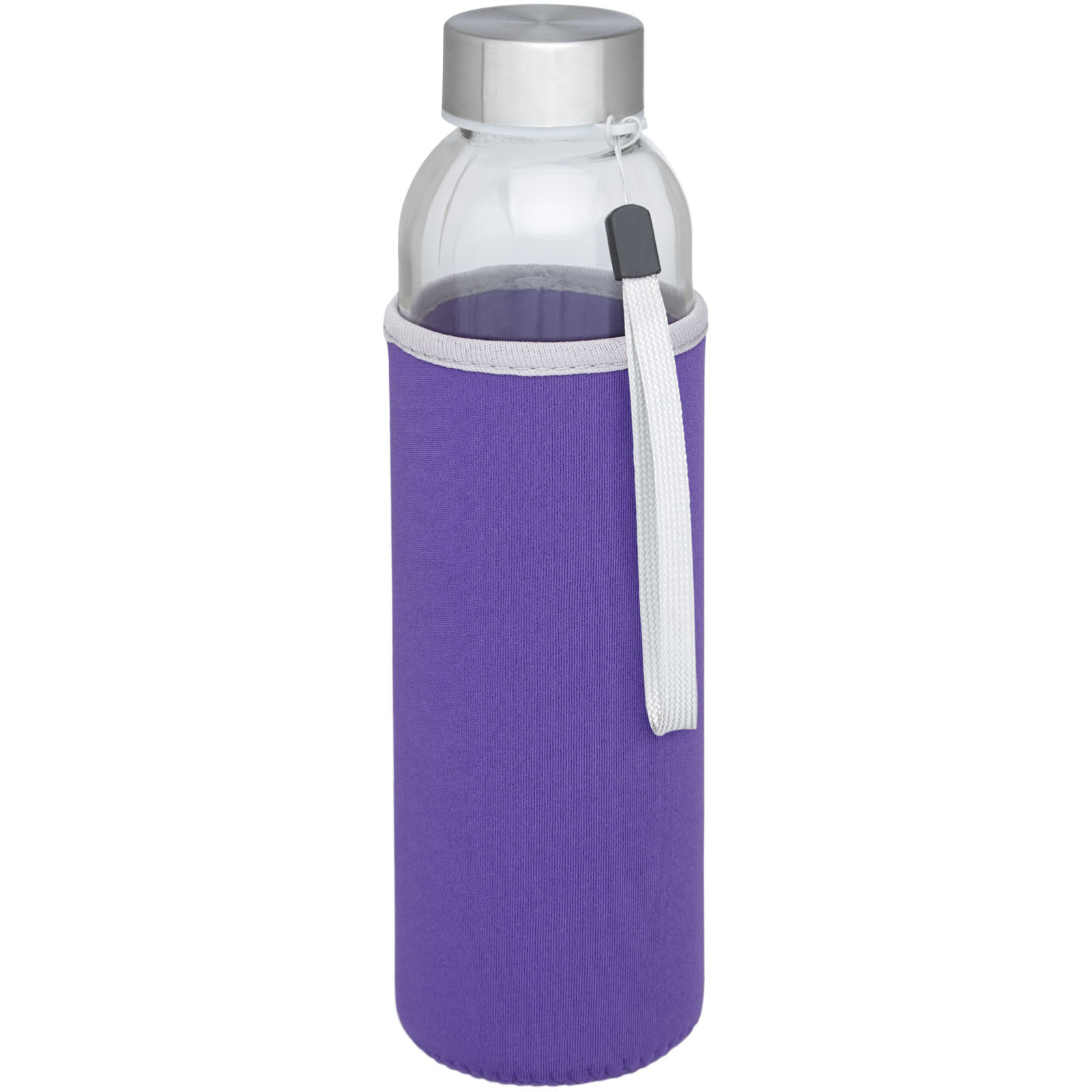 Lila Glas-Sportflasche mit Silikohülle und Schraubverschluss.