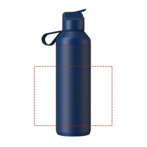Nachhaltige blaue Edelstahl-Trinkflasche mit Deckel und Tragegriff.