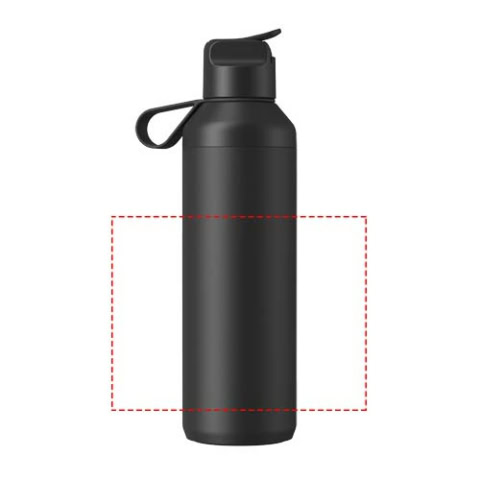 Schwarze Edelstahl-Trinkflasche mit Schraubverschluss und Trageschlaufe.