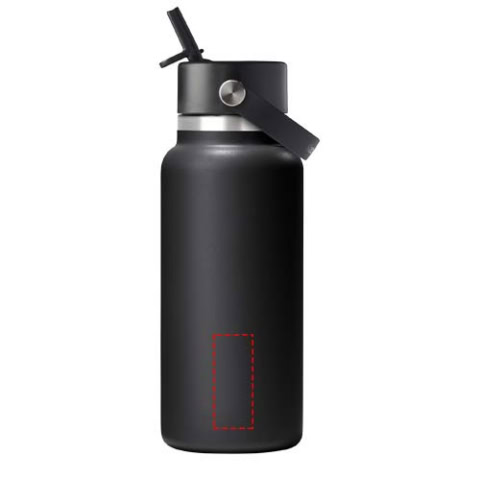 Schwarze isolierte Edelstahl Trinkflasche mit Strohhalmverschluss.